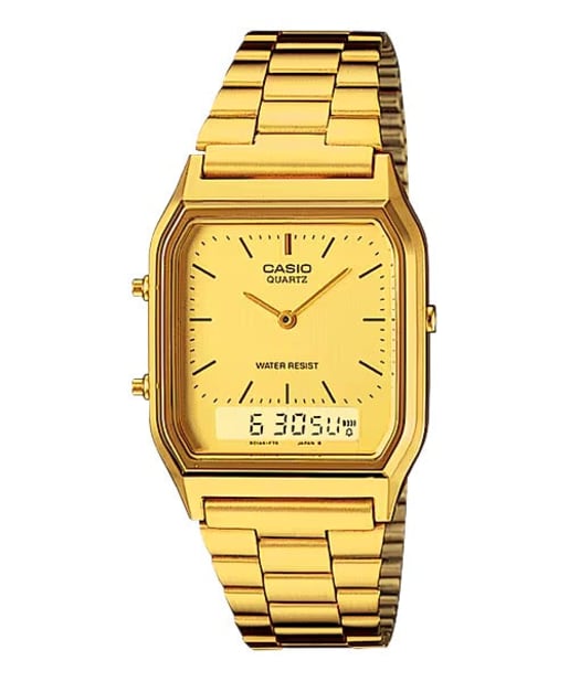 CASIO AQ-230GA-9DHDF 模擬數字復古金色不鏽鋼金屬錶帶男士手錶 - 金色男裝錶配金屬錶帶,正面白色背景