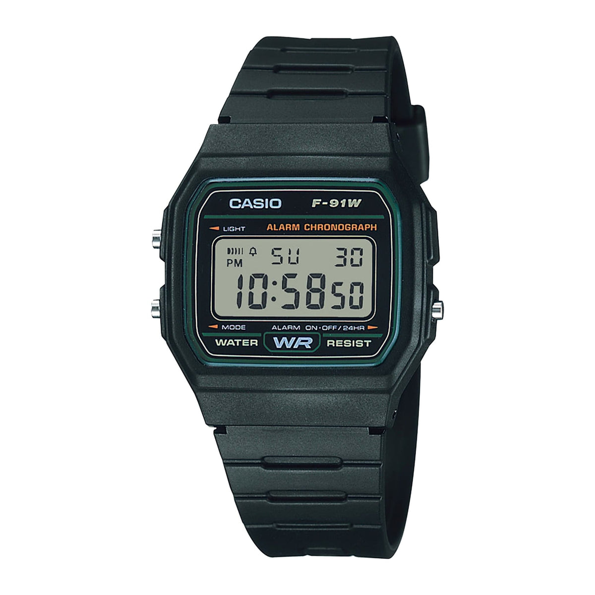 CASIO F-91W-3SDG 復古中性手錶 - 黑色電子錶,正面黑色背景