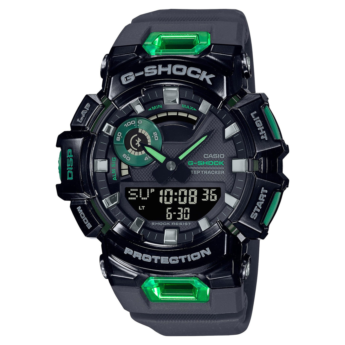 CASIO GBA-900SM-1A3ER G-Shock 200M 防水防震手錶 - 黑色錶款配綠色點綴,正面白色背景