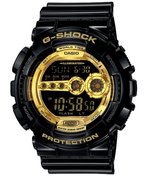 CASIO GD-100GB-1DR G-SHOCK 數碼男士黑金系列手錶 - 黑色錶款配金色電子錶面,正面白色背景