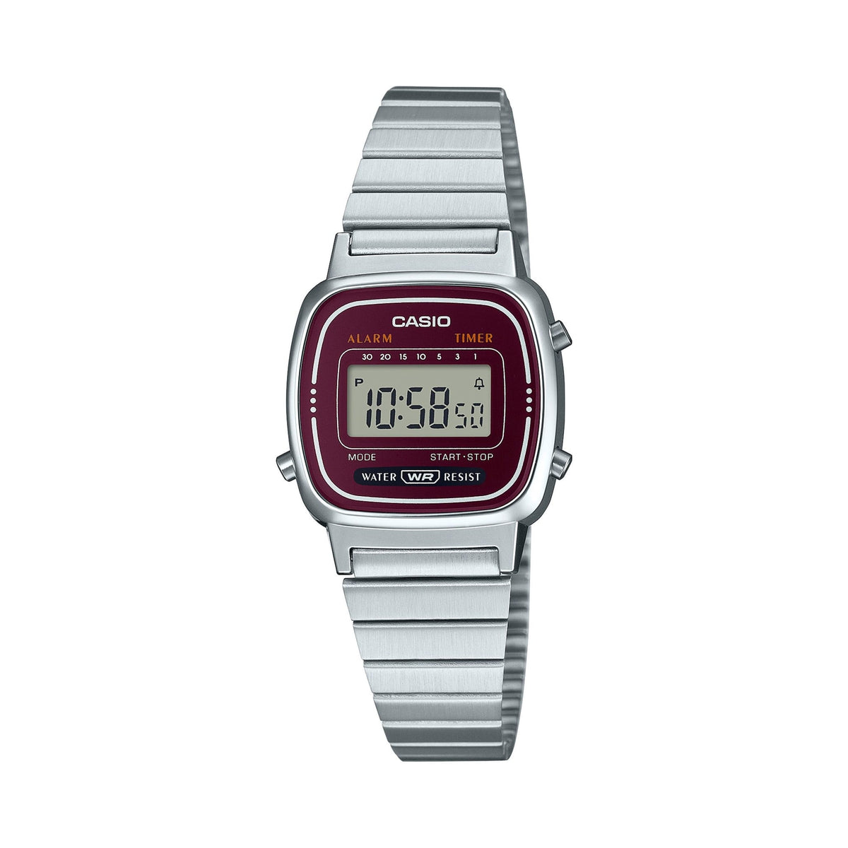 CASIO LA670WA-4SDF 休閒數碼復古女裝手錶 - 不鏽鋼錶款配酒紅色錶面,正面白色背景