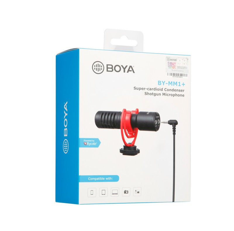 點Buy 博雅 BOYA BY-MM1+ 增强版 麥克風 收音 拍攝工作 手機拍攝 單反相機外置咪 Super-cardioid Condenser Shotgun Microphone compatible for smartphones, tablets, DSLRs, consumer camcorder PCs with furry windshield foam windshield durable mental construction with anti-shock mount 手機直播 包裝盒