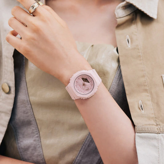 CASIO GMA-S2100BA-4AER 女性皮革 G-Shock 指針數字粉紅色錶盤手錶