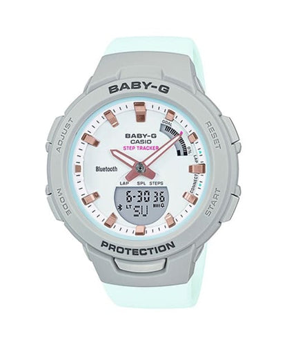 CASIO BSA-B100MC-8AER BABY-G - 灰色配薄荷綠錶款，正面白色背景