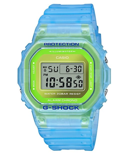 CASIO DW-5600LS-2 G-Shock 樹脂錶帶 200米防水 - 半透明藍綠色電子錶，正面白色背景