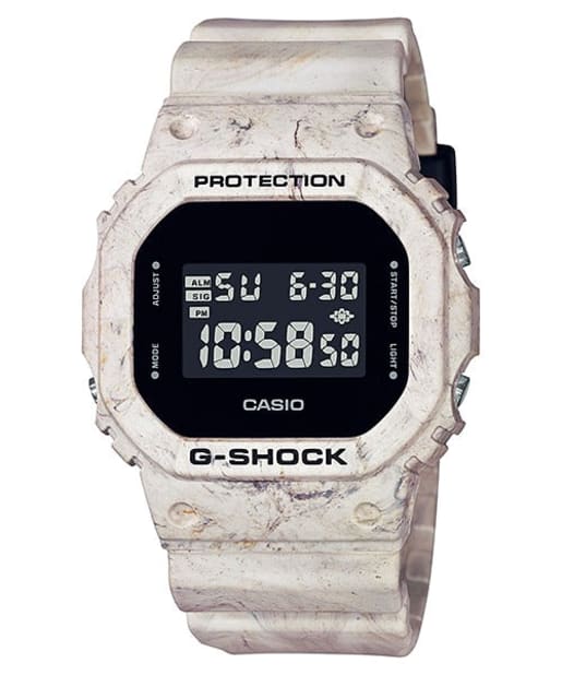 CASIO DW-5600WM-5DR G-SHOCK 指針式黑色錶盤男裝手錶 - 大理石紋樹脂錶款，正面白色背景