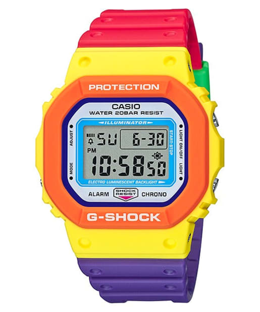 CASIO DW-5610DN-9ER G-Shock 樹脂錶帶 200米防水 - 彩虹配色錶款，正面白色背景