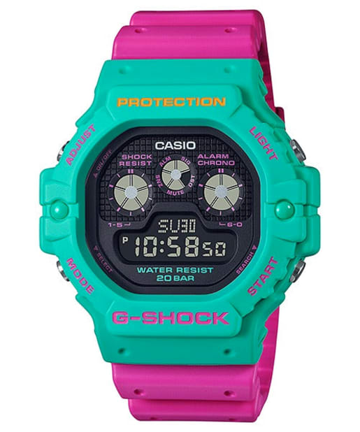 CASIO DW-5900DN-3DR G-SHOCK 男士數碼指針式腕錶 - 藍綠配粉紅色錶款，正面白色背景