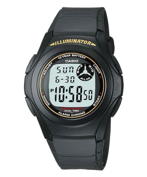 CASIO F-200W-9ADF 通用男士數碼手錶 - 黑色電子錶配金色照明點綴，正面白色背景