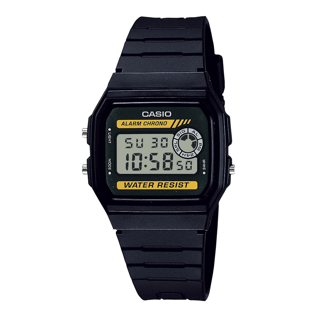 CASIO F-94WA-9DG 男士數碼多功能黑色橡膠手錶 - 黑色電子錶，正面白色背景