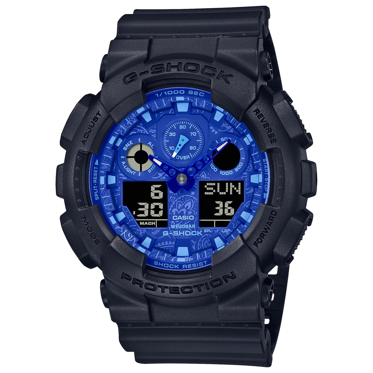 CASIO GA-100BP-1AER G-Shock 藍色佩斯利運動手錶 - 黑色錶款配藍色佩斯利花紋錶面，正面白色背景