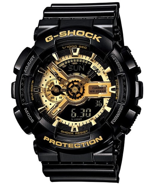 CASIO GA-110GB-1ADR G-Shock 200米防水防震手錶 - 黑金色錶款，正面白色背景