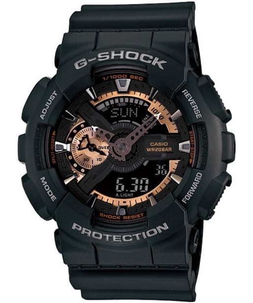 CASIO GA-110RG-1AER G-Shock 200M 防水 防震 - 黑色錶款配玫瑰金錶面點綴，正面白色背景