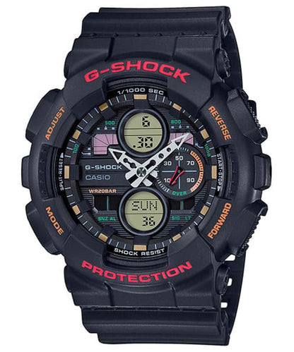CASIO GA-140-1A4ER G-Shock 200M 防水 防震 - 黑色錶款配紅橙色點綴，正面白色背景