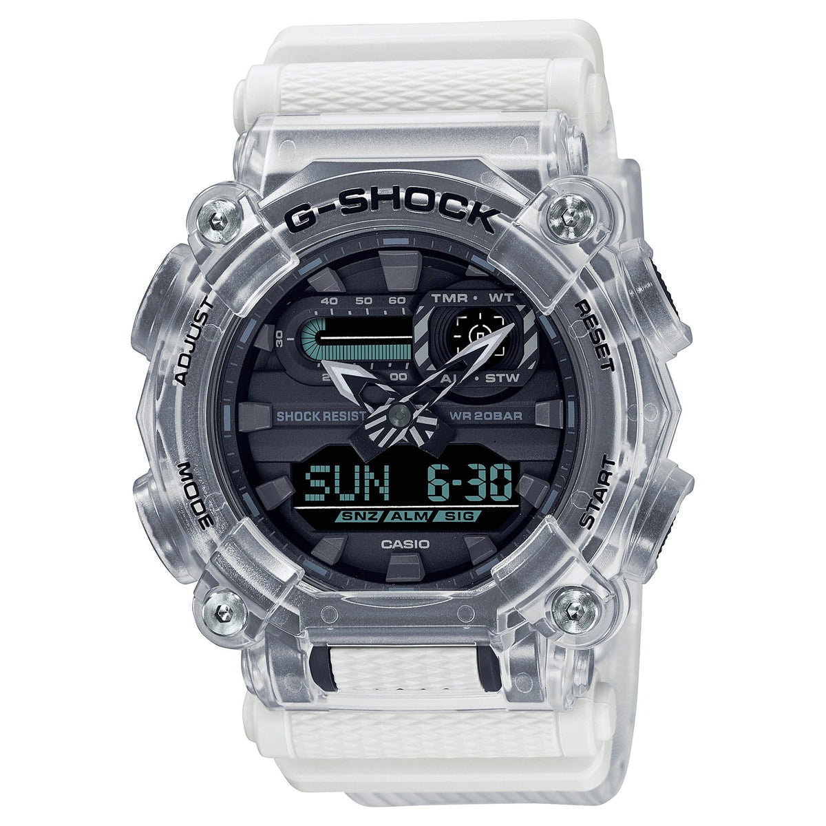 CASIO GA-900SKL-7AER G-Shock 200M 防水 防震 - 鏤空錶款，正面白色背景