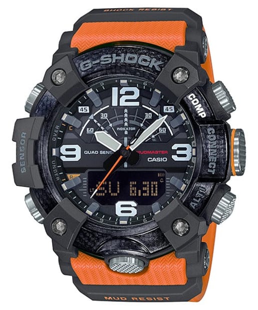 CASIO GG-B100-1A9DR G-Shock 樹脂錶帶 200米防水 - 黑色錶款配橙色樹脂錶帶，正面白色背景