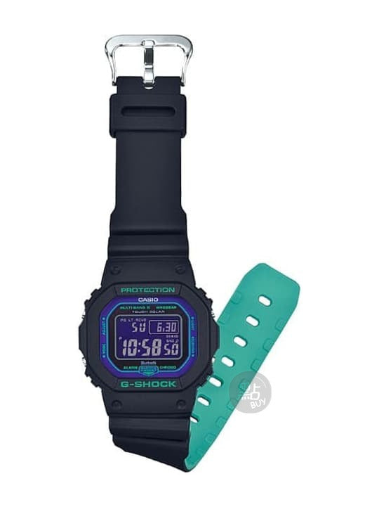 CASIO GW-B5600BL-1DR DIGITAL 5600 SERIES 手錶 - 手錶側面圖，展示藍綠色錶帶內側